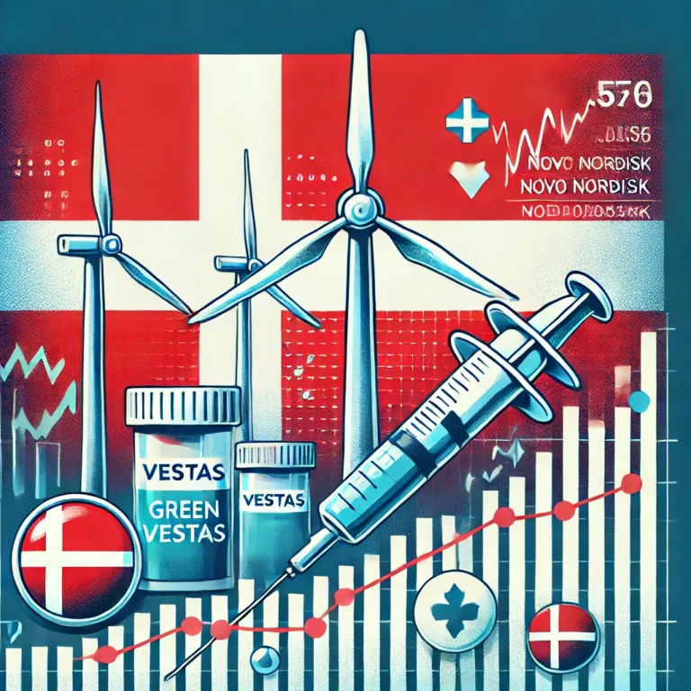 DALL·E 2025-02-13 19.29.55 - An illustration focused on Danish stocks and the Danish stock market. The image should feature key symbols representing Danish companies like wind tur