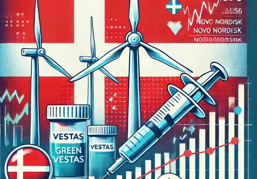 DALL·E 2025-02-13 19.29.55 - An illustration focused on Danish stocks and the Danish stock market. The image should feature key symbols representing Danish companies like wind tur